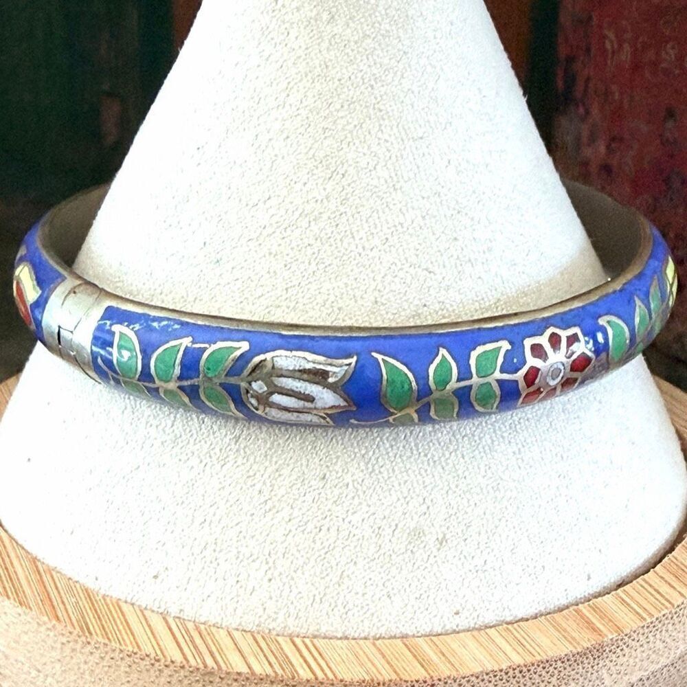 Vintage Thailand Cloisonné Floral Bangle Bracelet Blue Enamel Hinged